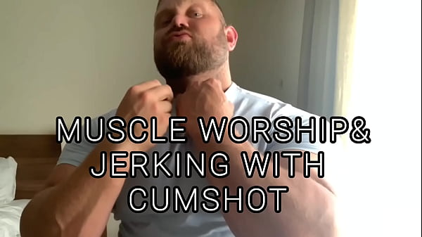 Sweaty after gym muscle worship with jerking and huge cumshot