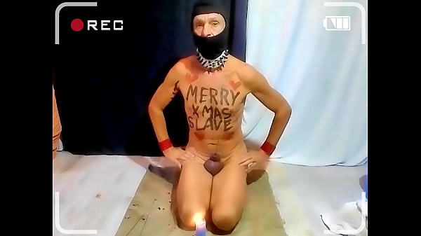 naked pathetic white CHRISTMAS slave with body writing and sparkler in gay peehole, CMNM