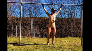 naked pathetic white slave public outdoor in penis cage do fitness and swings at his gay balls, CMNM