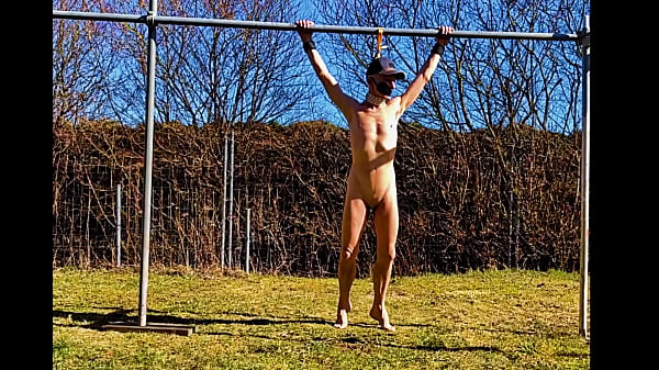 naked pathetic white slave public outdoor in penis cage do fitness and swings at his gay balls, CMNM