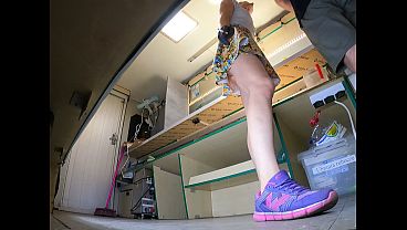 Super hot and sexy chick with beafy pussy lips upskirted while cleaning the food truck – full uncut scene