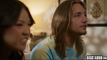 Asian girl swallowed big cock and hot teen enjoyed hardcore threesome sex after blowjob