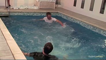 The indoor pool steams once the ebony milf begins an interracial anal threesome with DP