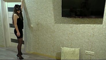 A sexy neighbor in a club dress, stockings and heels came to visit, seduced with her ass.