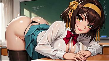 Haruhi Suzumiya (The Melancholy of Haruhi Suzumiya) Gangbang with Double Penetration in a School Classroom – AI Generation Anal
