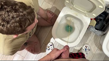 He Kisses my Big Hard Cock while I pee