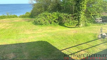 my private secretary in long overknee leather boots and red string bent over by the boss