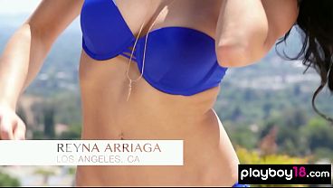 Naked latina teen Reyna Arriaga refresheing her sweet pussy in the pool