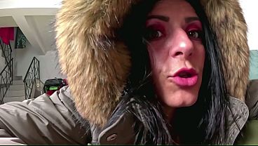 Glossy Fur Hood Downjacket. Deepthroat, Spit Play, Riding and Cum Dripping on My Coat