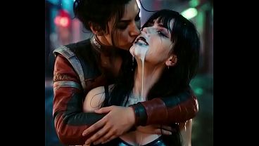 Hot lesbian deep kissing scene – Panam Palmer (Cyberpunk 2077) and Nyx Loops moaning and drooling profusely – AI Generated