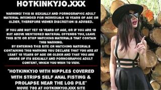 Hotkinkyjo with nipples covered with strips self anal fisting & prolapse near the log pile
