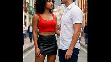 Brunette with big tits riding a young Colombian man’s cock in her apartment – AI-generated content