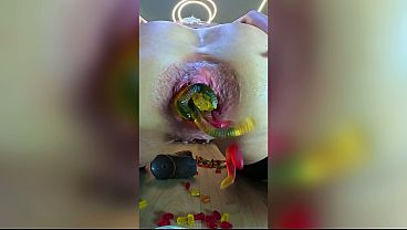 Extreme PIGHOLE Anal Whore Asshole Feeding with gummies!
