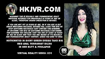 Hotkinkyjo in shiny green drees take big red anal terrorist dildo in her butt & prolapse