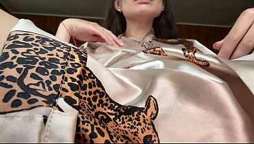 In a mini robe, I take off my panties and masturbate my creamy pussy with a vibrator.