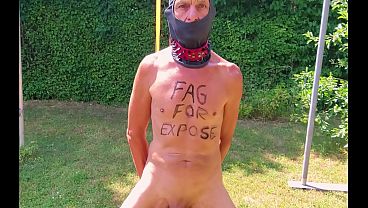 servenaked in peniscage humiliated fag with bodywriting tied up at his gayballs for entertainment