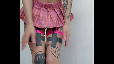 Tattooed Redhead Teases Under Pink Plaid Skirt