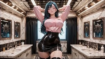 [AI-generated] Blue-Haired Golden-Eyed Goddess in Pink Satin Blouse Black Shiny Mini Skirt Thigh-High Boots