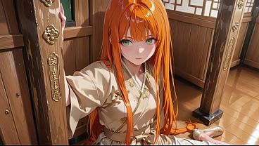 AI Generated – Orange-haired Geisha Girl! Sun-drenched Japanese wooden room, she kneels to adjust her sash, a lazy glance that makes you wet instantly.