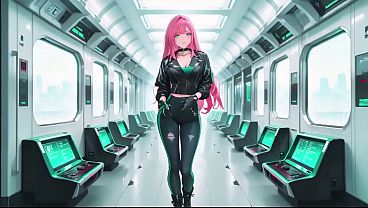 AI-generated- Pink-Haired Leather Tech! Private vibes in a neon-lit cyber corridor.