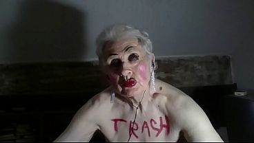 Nasty old fuckpig slag fag trash Sarah wanks and fucks  herself with 9 inch dildo