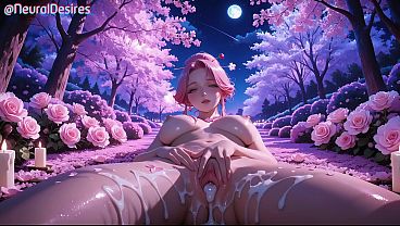 Silk-wrapped beauty arches under cherry petals while her big tits bounce in wild pleasure
