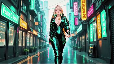 AI generated-Neon Rain Night! Blonde Agent in Wet Leather Crouching Low, Holographic Glow & Cold Glances. Can You Handle This Cyberpunk Fantasy?