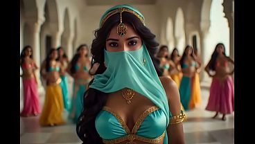 Indian Princess Reverse Gangbang Fantasy (Princess Jasmine Lookalike, Lesbian, 3some, Orgy, Group Sex, Facial, Cumshot, Ass Licking) – AI Generated