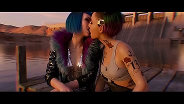 Judy Alvarez x Evelyn Parker lesbian kissing (Cyberpunk 2077 /AI generated)