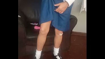 19 year old anonymous school girl mastebates on the couch with pink vibrator very short skirt, sexy Black shoes & white socks ( Solo Girl )