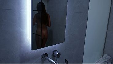 A stepbrother spies on his stepsister in the shower, has sex with her, and cums inside her