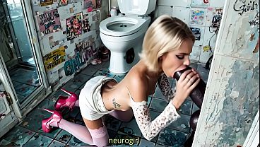 Blonde slut gets her tight ass destroyed by a huge black cock in the toilet of a cheap nightclub. Interracial anal. Monster cock BBC fuck skinny ass blonde girl (AI generated)