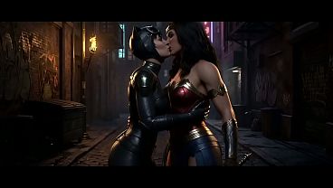 Catwoman x Wonder Woman lesbian kissing (Injustice 2 / AI generated)