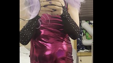 Crossdresser in purple Masterbates & Drinks Own Cum From Glass!