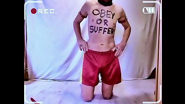 dirty gay pig servenaked appear dressed, striptease, punish his uncut dick and ass, clean the mess