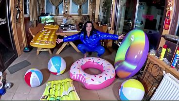 Dominant MILF in Shiny Leather Pants and Glossy Downjacket. Blowjob, Cameltoe, Cum Play and Inflatable Destruction