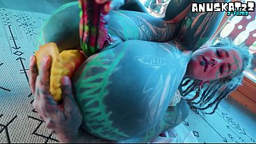 Lingerie Tattooed Girl Stuffs Both Holes with Big Dildos