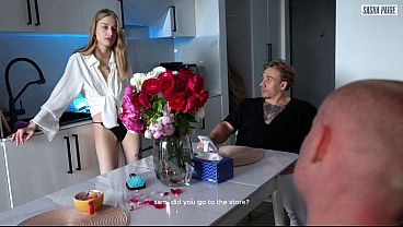 Tiny Blonde Sasha Paige Fucks with Her Boyfriend and His Friend, Swallowing Cum From Two Huge Cocks!