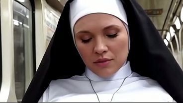 Shameless public sex involving a nun in a subway car. Deep-throating and vaginal sex. (AI).