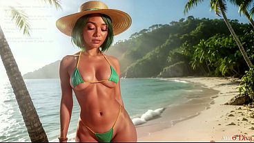 To the sound of the waves crashing on the shore, a beautiful Latina in tiny bikini rides a cock.[AI]